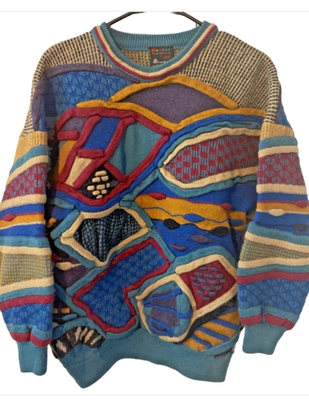 Vintage Coogi Style 3D Knit Sweater Emaroo Australia 90s Colorful Artsy Wool Men